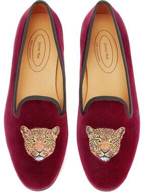 Men's Leopard Burgundy Rubber Velvet Loafers Embroidery Slip-On Tuxedo Shoes